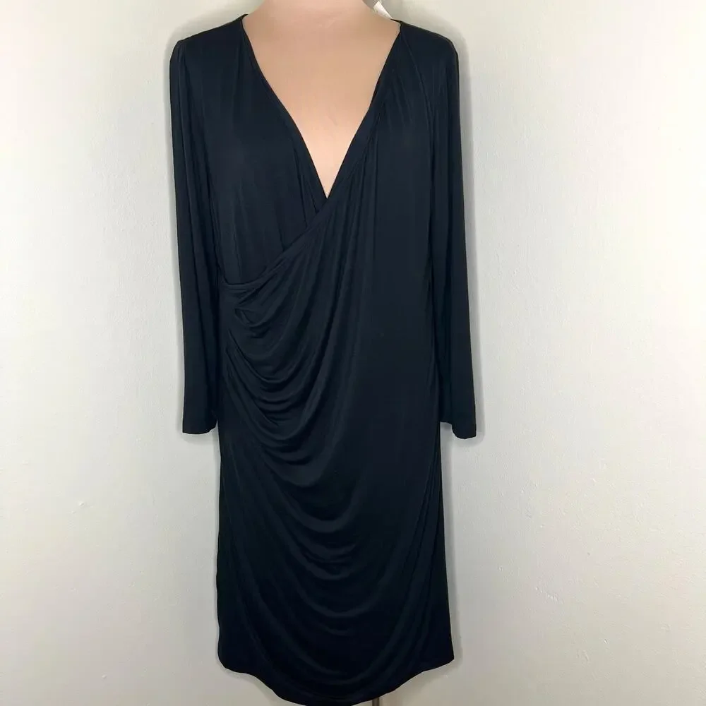 Loft Ann Taylor Dress Large Maternity Women Black Drape Ruched V-Neck Versatile - Picture 1 of 9